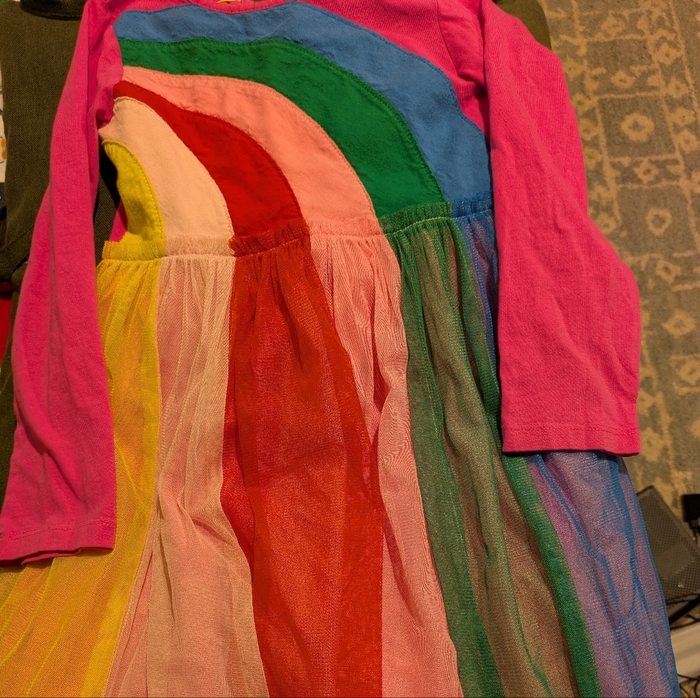 Boden Rainbow Tulle Dress with pink sleeves